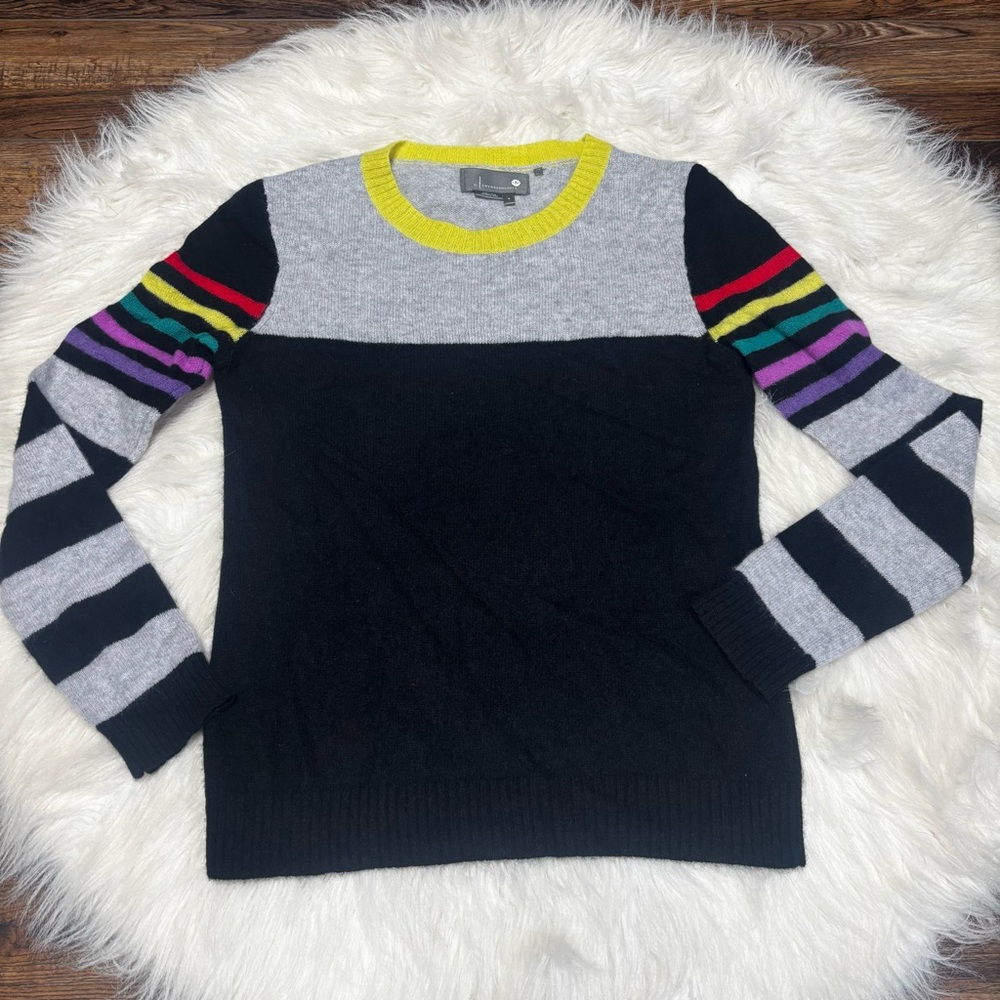 Anthropologie Black Sweater with Gray and Rainbow Stripes
